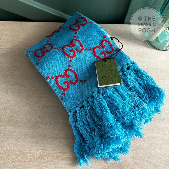 Gucci Accessories - NEW GUCCI Jacquard Blue/Red Wool Stole Scarf Retails $620